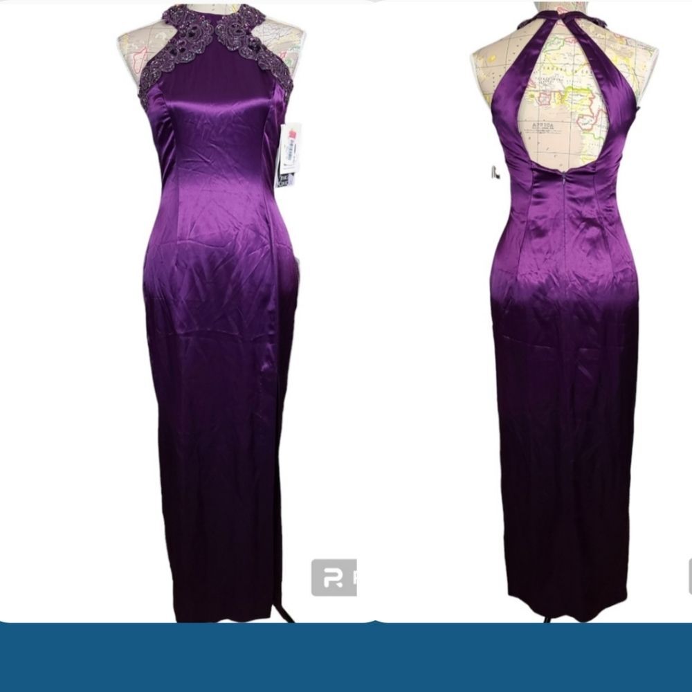 Vintage Jessica McClintock Gunne Sax Size 3-4 Purple Satin Column Midi Dress NWT